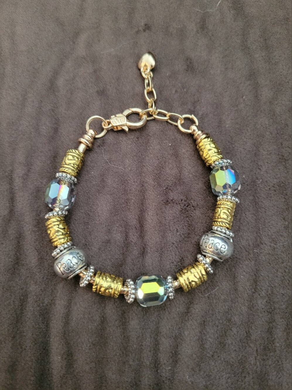Gold-Tone Bead Bracelet with Iridescent Faceted Beads and Peace Charms